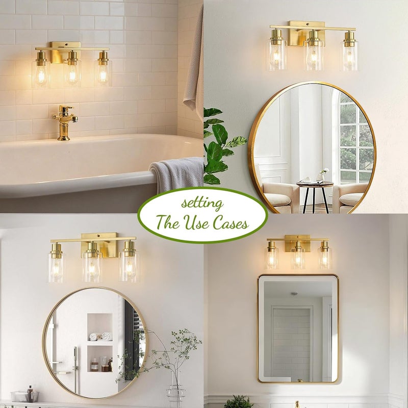 EMONG Gold Bathroom Light Fixtures, 3-Lights Vanity Light with Clear Glass Shade, Brushed Brass Wall Sconce for Hallway, Farmhouse, Living Room - Image 2